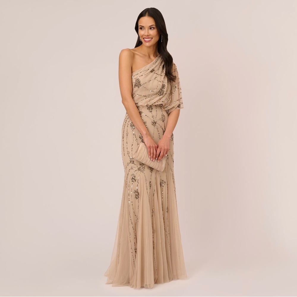 Adrianna Papell One Shoulder Beaded Gown in Nude